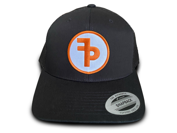 FP APPAREL, Orange Circle Logo, Black Trucker Hat