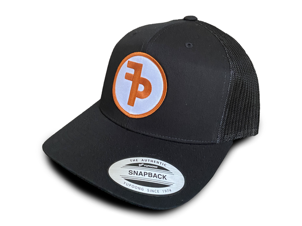 FP APPAREL, Orange Circle Logo, Black Trucker Hat