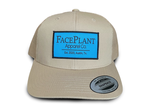 FP APPAREL, Blue Business Card Badge, Tan Trucker Hat